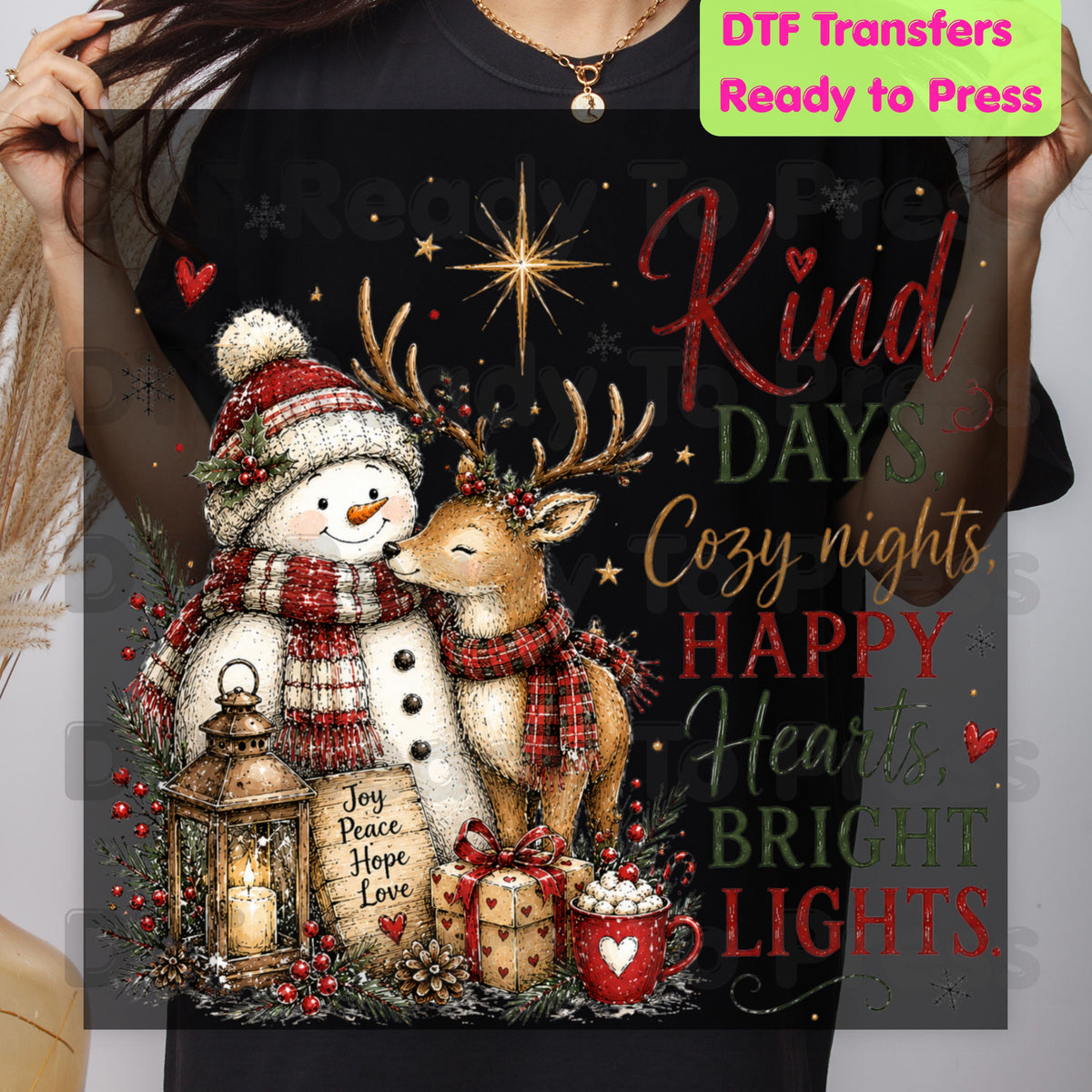 Kind Days Cozy Nights DTF Transfers, Snowman Reindeer Cute Christmas Holiday Ready to Press