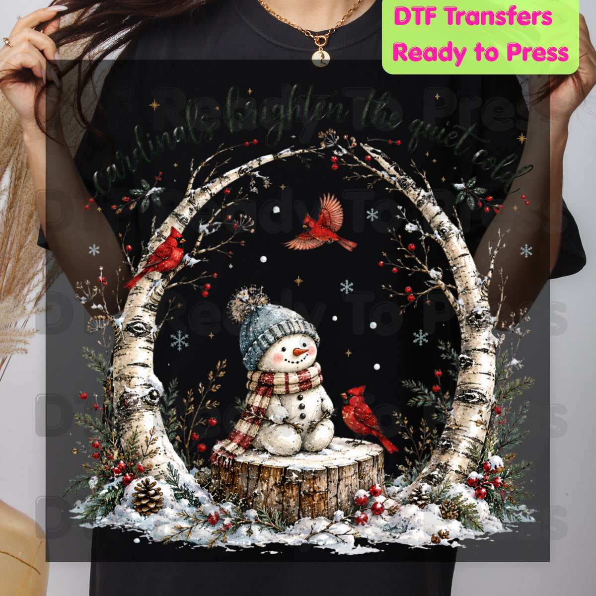 Winter DTF Transfers, Cardinals Snowman Brighten Quiet Cold Christmas Ready to Press