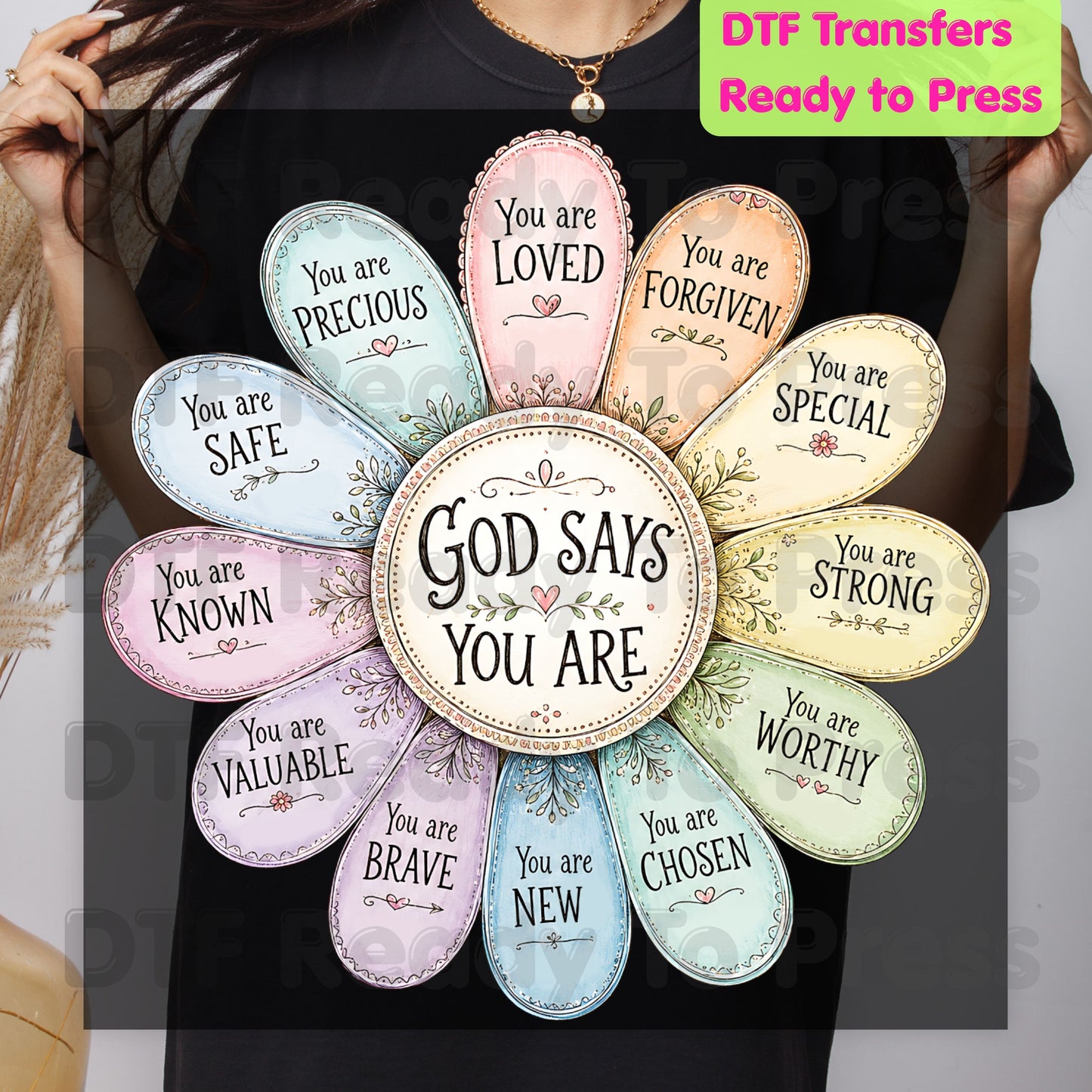 God Says You Are Flower DTF Transfers, Christian Faith Affirmation Petals Religious Quote Ready to Press