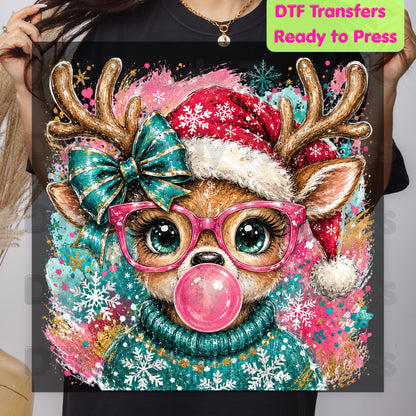 Christmas Reindeer DTF Transfers, Pink Glasses Bubblegum Deer Santa Hat Cute Ready to Press