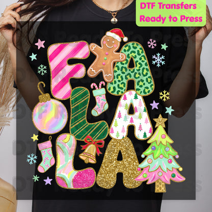 Fa La La Gingerbread Christmas DTF Transfers, Colorful Pink Christmas Tree Holiday Ready to Press