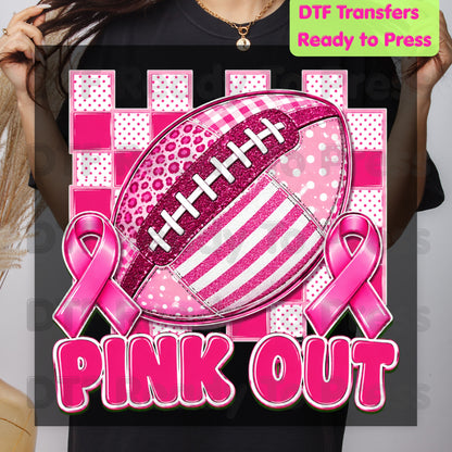 Pink Out DTF Transfers, Breast Cancer Awareness Football Pink Ribbon Support Ready to Press