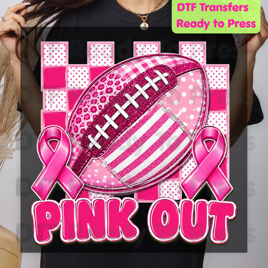 Pink Out DTF Transfers, Breast Cancer Awareness Football Pink Ribbon Support Ready to Press