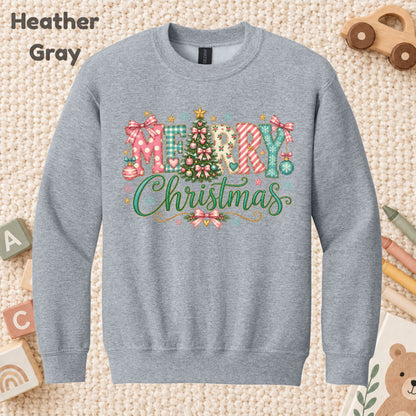 Pastel Pink Bow Christmas T-Shirt, Merry Christmas Tree Graphic Tee, Cute Coquette Holiday Shirt