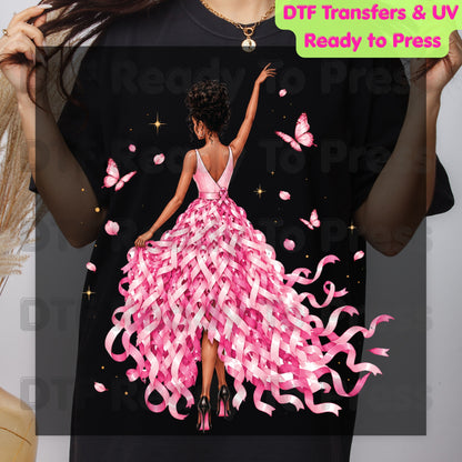 Black Woman Pink Ribbon Dress Breast Cancer Awareness DTF Transfer Ready to Press Heat Transfer Survivor Tee