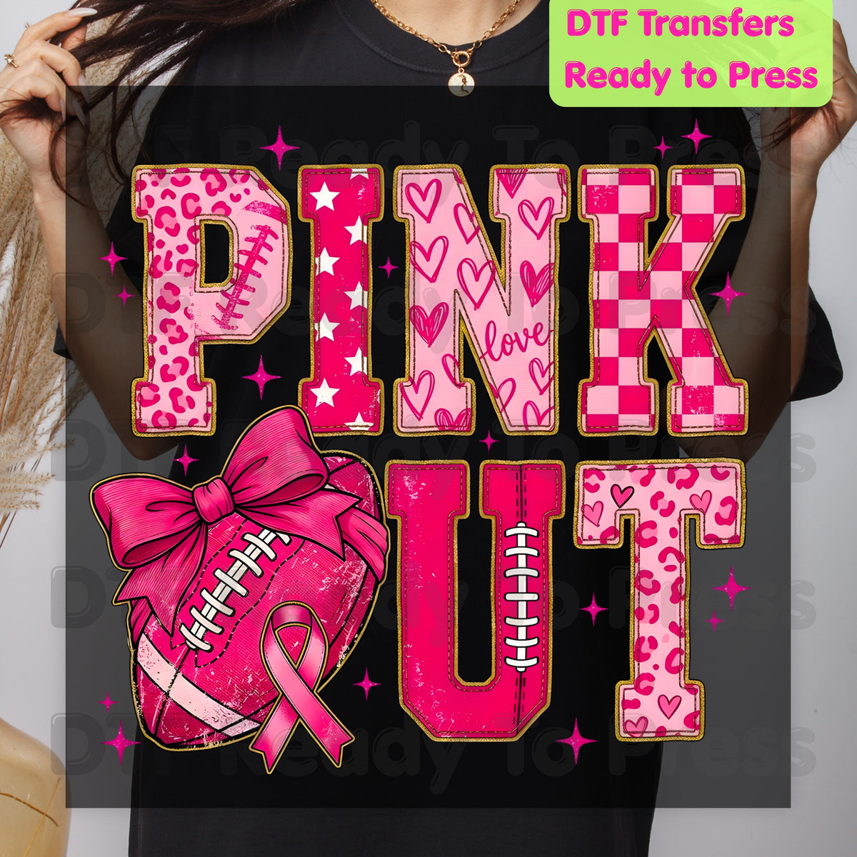 Pink Out DTF Transfers, Breast Cancer Awareness Football Coquette Bow Pink Ready to Press