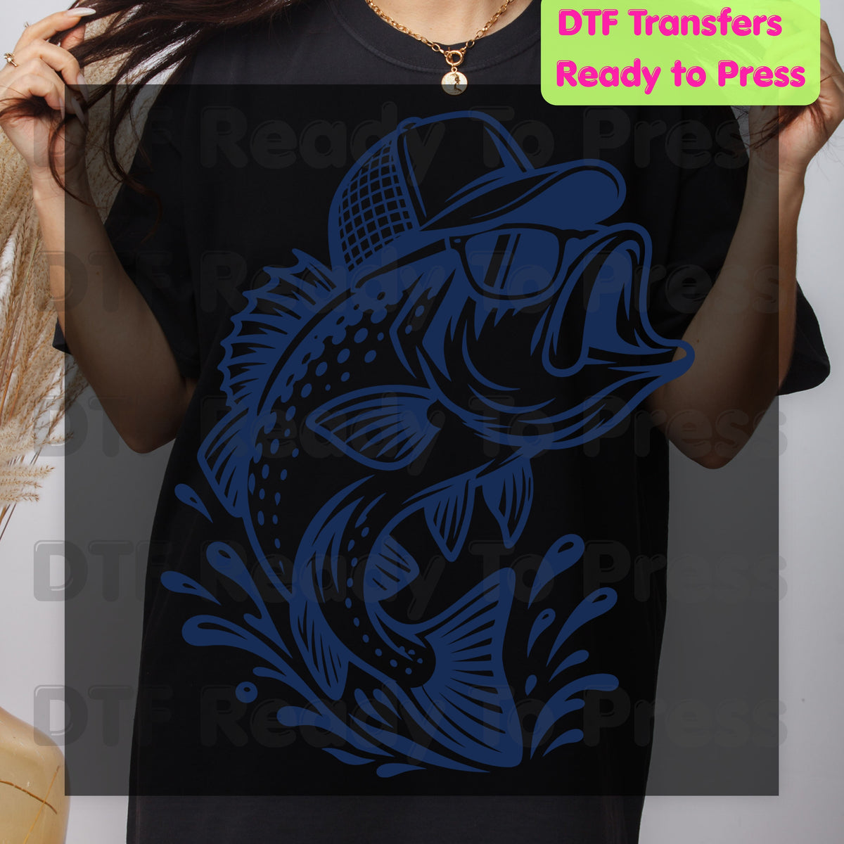 Fishing DTF Transfer, Bass Fish with Sunglasses and Trucker Hat Graphic