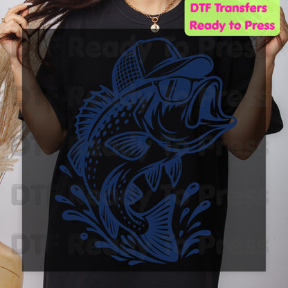 Fishing DTF Transfer, Bass Fish with Sunglasses and Trucker Hat Graphic