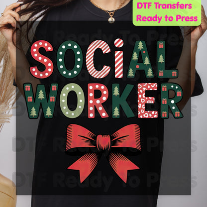 Christmas Social Worker DTF Transfers, Holiday Social Work Red Bow Pattern Ready to Press