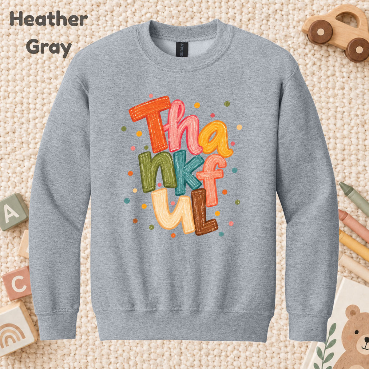 Thankful T-Shirt, Colorful Crayon Lettering Thanksgiving Tee, Fall Holiday Sweatshirt