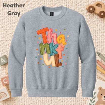 Thankful T-Shirt, Colorful Crayon Lettering Thanksgiving Tee, Fall Holiday Sweatshirt