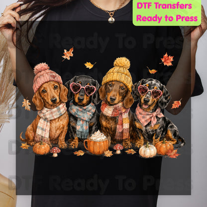 Fall Dachshund DTF Transfer Ready to Press Cozy Beanie Scarf Heat Transfer For Shirts Wiener Dog Pumpkin Spice Leaves Autumn Doxie Gang