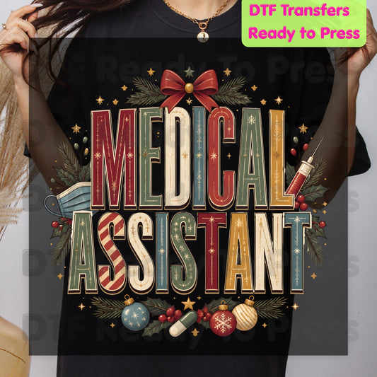 Christmas Medical Assistant DTF Transfers, Holiday Nurse Mask Syringe Bow Medical Ready to Press
