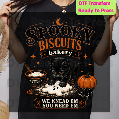 Spooky Cat lady Baker DTF Transfers Funny Halloween Biscuits Bakery Knead Pumpkins Ready to Press
