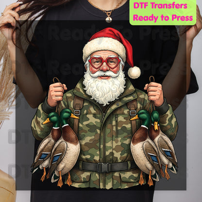 Christmas DTF Transfer, Santa Duck Hunting, Camo Mallards Graphic