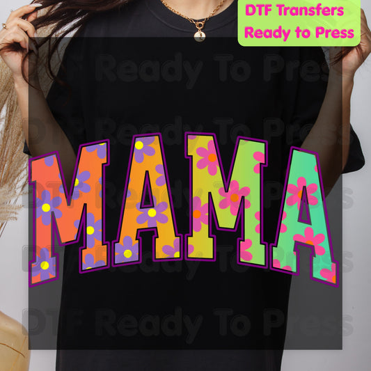 Mama DTF Transfers, Retro Floral Groovy Daisy Flower Colorful Mama Ready to Press