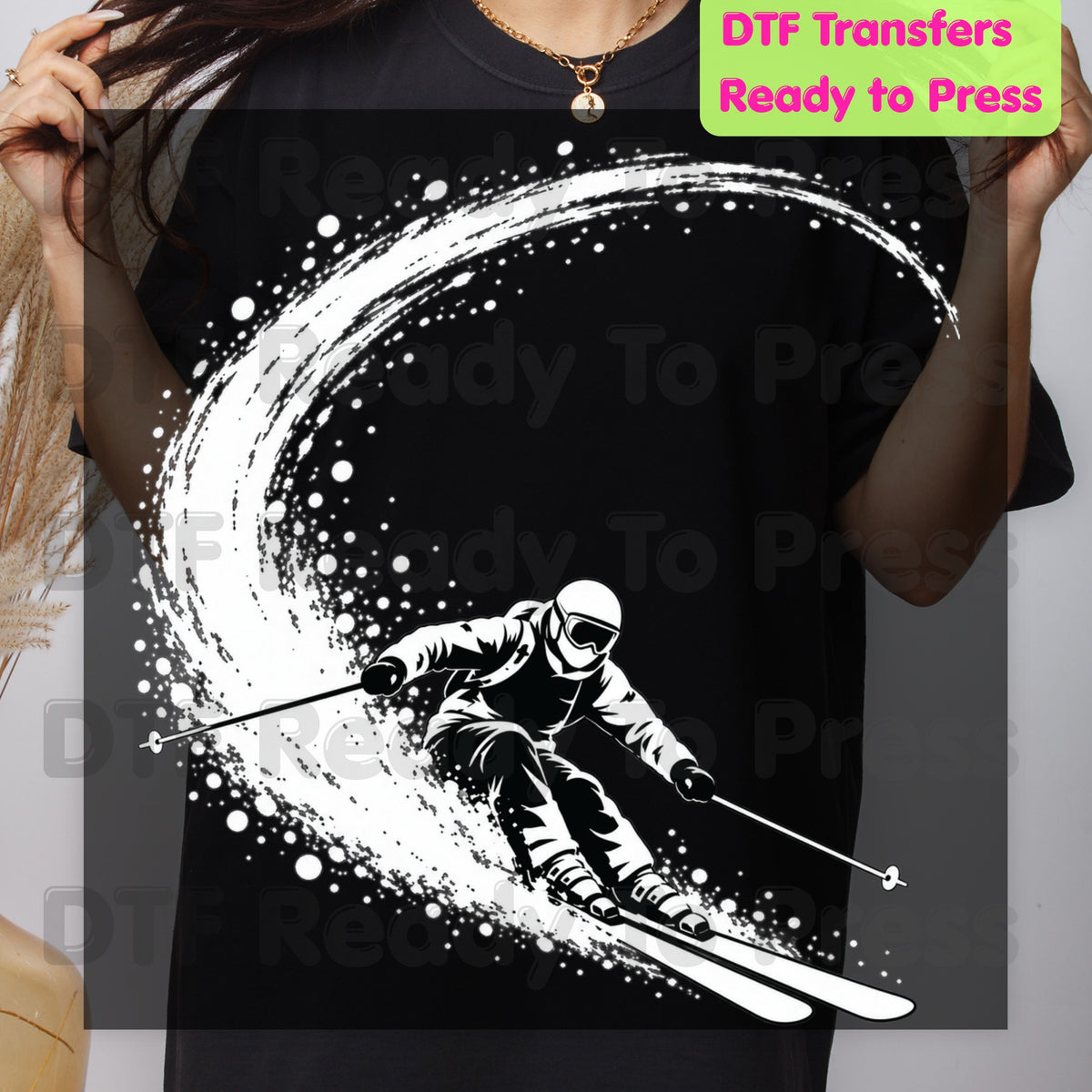 Skiing DTF Transfer, Skier with Snow Spray, Winter Sports Graphic