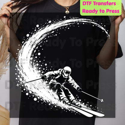 Skiing DTF Transfer, Skier with Snow Spray, Winter Sports Graphic