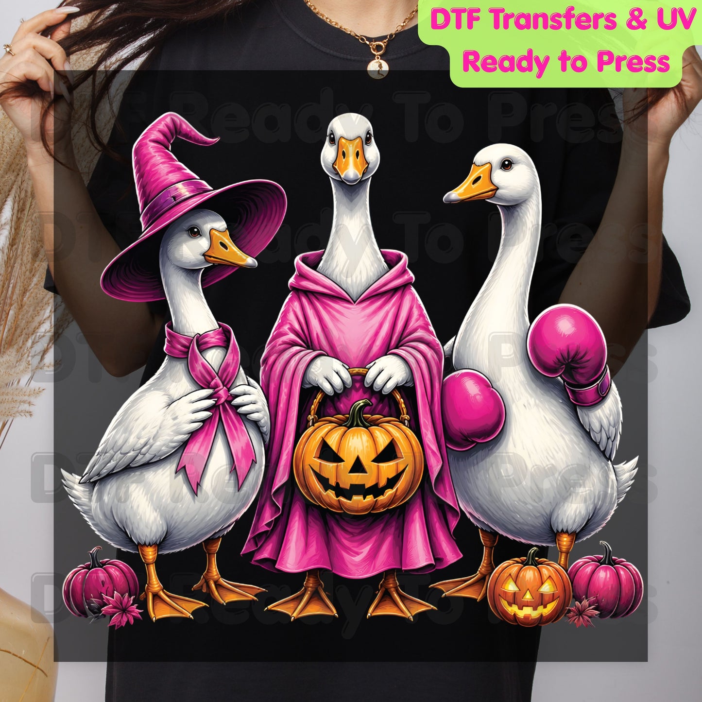 Pink Goose Breast Cancer Awareness Halloween DTF Transfer Ready to Press Spooky Heat Transfer Tee