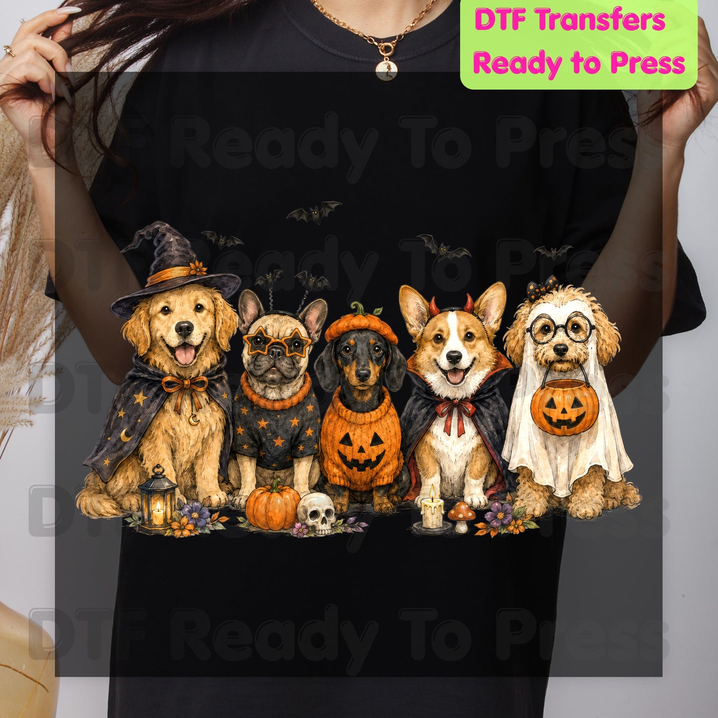 Halloween Dogs DTF Transfer Ready to Press Witch Ghost Devil Corgi Golden Retriever Heat Transfer For Shirts Spooky Dog Gang Full Color