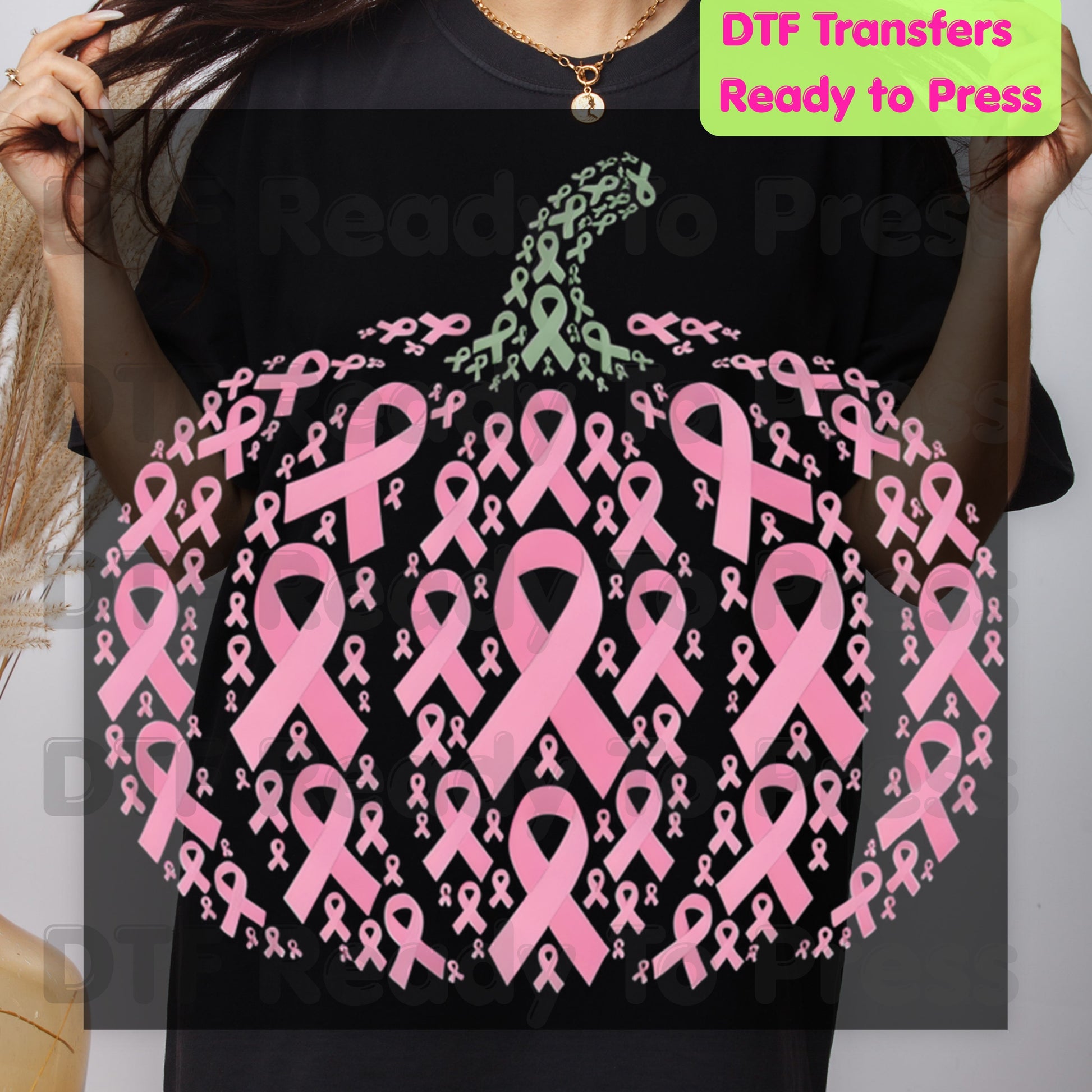 Pink Ribbon Pumpkin Breast Cancer Awareness DTF Transfer Ready to Press Fall Heat Transfer Tee