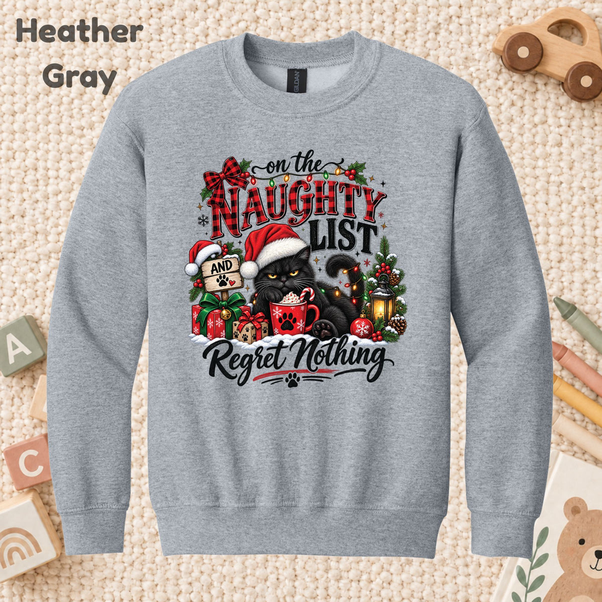 Naughty List Cat T-Shirt, Funny Christmas Black Cat Santa Hat Tee, Holiday Sweatshirt
