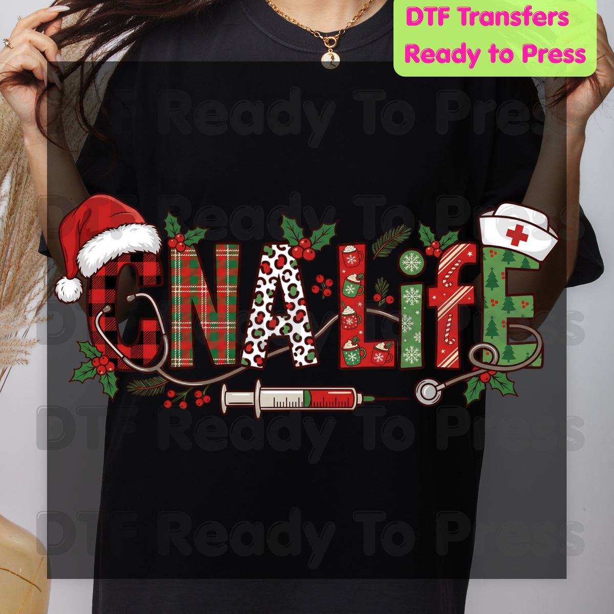 Christmas GNA Life DTF Transfers, Nursing Medical Plaid Leopard Stethoscope Holiday Ready to Press