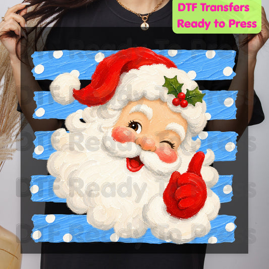 Vintage Winking Santa DTF Transfers, Blue Striped Background Christmas Holiday Ready to Press