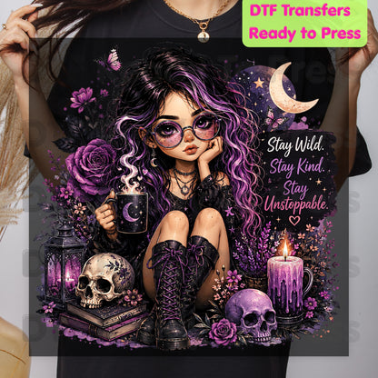 Stay Wild Stay Kind DTF Transfers, Purple Goth Girl Skull Crescent Moon Witchy Ready to Press