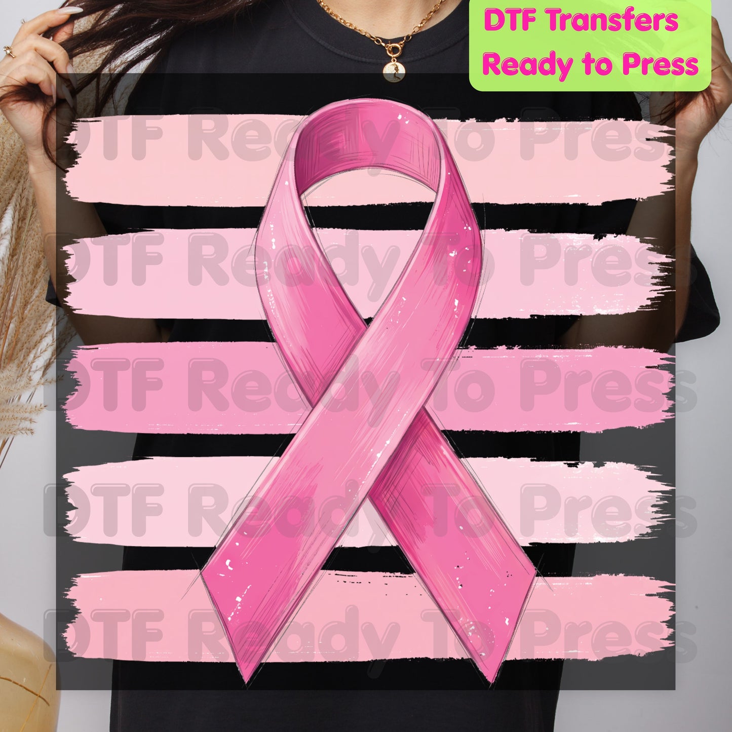 Pink Ribbon DTF Transfer Breast Cancer Awareness Brush Strokes Heat Transfer Ready to Press Tee Print Direct to Film