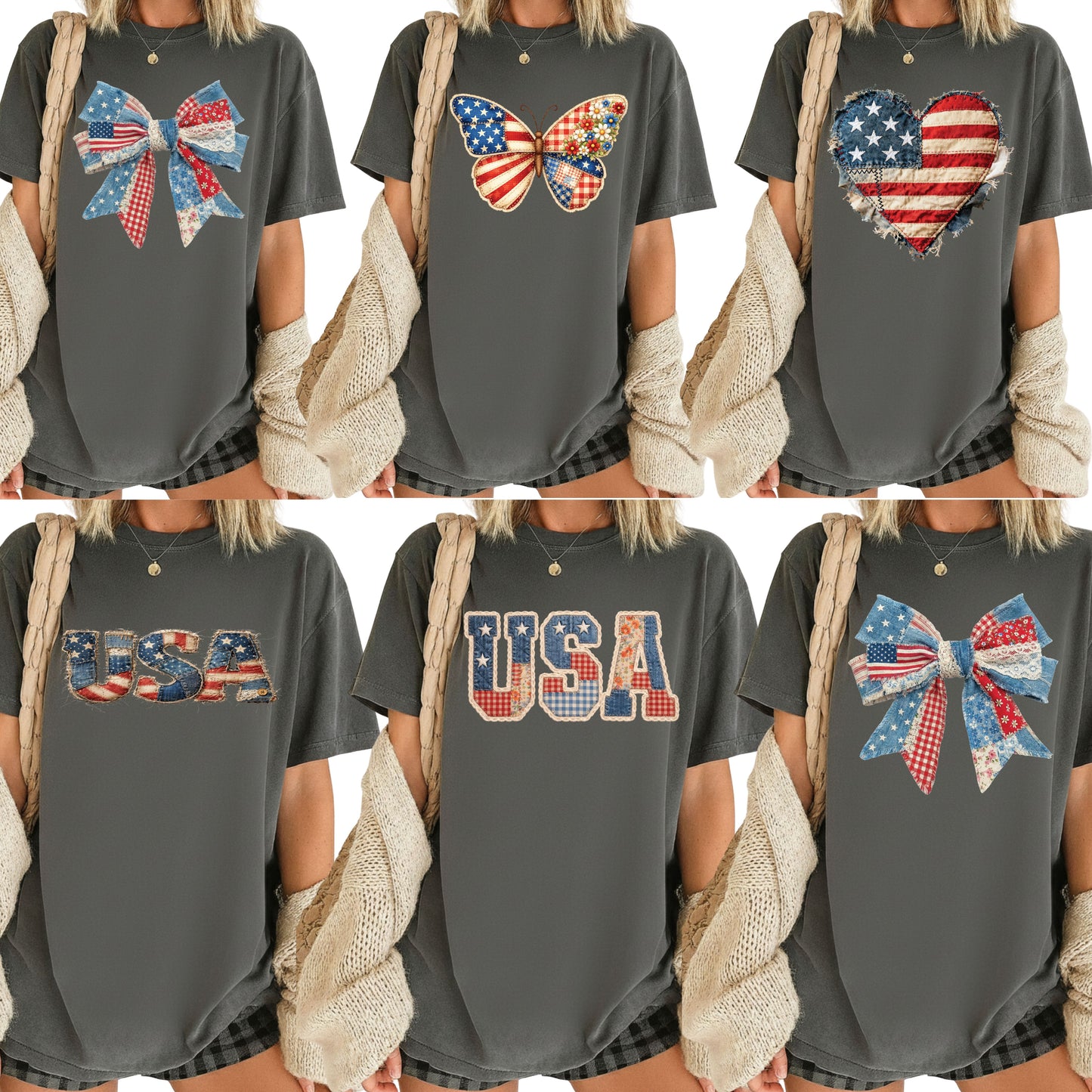 USA Faux Yarn Printed Comfort Colors T Shirt America Flag Heart Apparel Butterfly American Tees America Coquette Bow Clothing