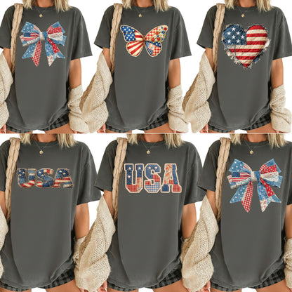 USA Faux Yarn Printed Comfort Colors T Shirt America Flag Heart Apparel Butterfly American Tees America Coquette Bow Clothing