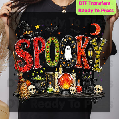 Halloween Spooky Witch Shelf DTF Transfers, Black Cat Crystal Ball Cauldron Potion Skull Ready to Press