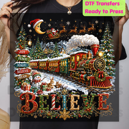Believe Christmas Express DTF Transfers, Santa Sleigh Vintage Holiday Train Ready to Press
