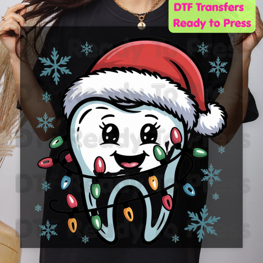 Christmas Cute Dental Tooth DTF Transfers, Dentist Hygienist Santa Holiday Lights Ready to Press