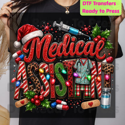 Christmas Medical Assistant DTF Transfers, Healthcare Scrubs Syringe Holiday Ready to Press