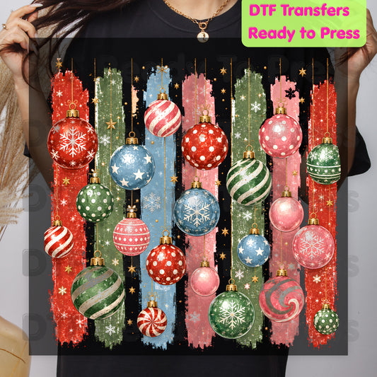 Christmas Ornaments DTF Transfers, Colorful Paint Strokes Holiday Baubles Festive Ready to Press