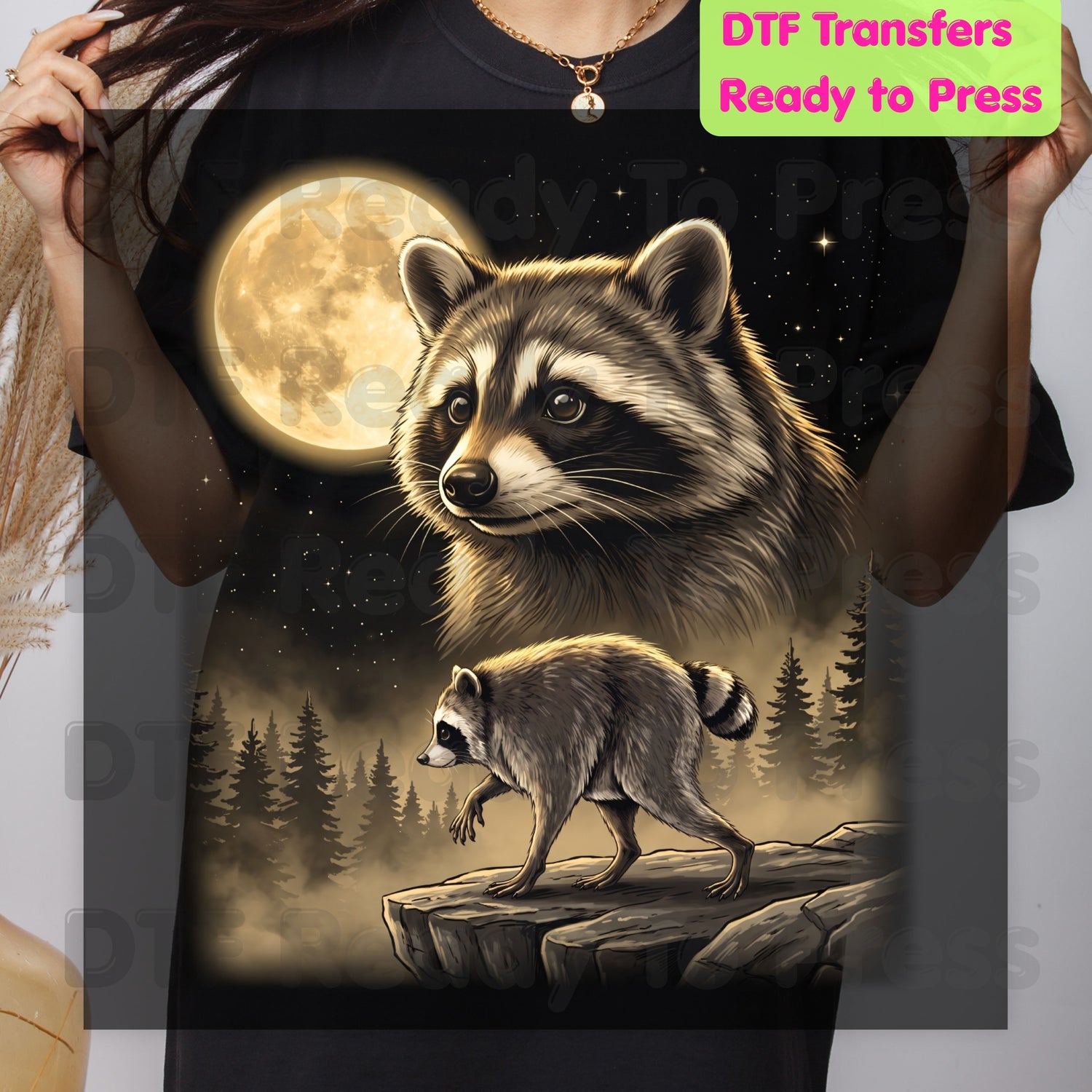 Vintage Raccoon Full Moon DTF Transfers, Forest Wildlife Trash Panda Outdoor Ready to Press