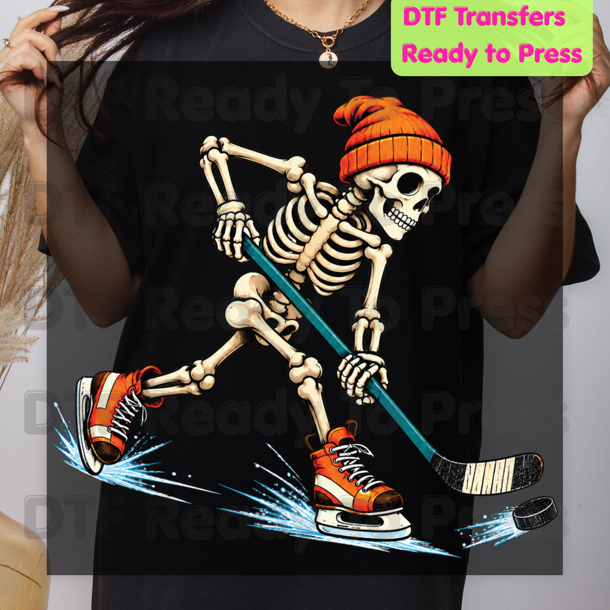 Hockey DTF Transfer, Skeleton in Beanie with Skates, Stick and Puck Graphic