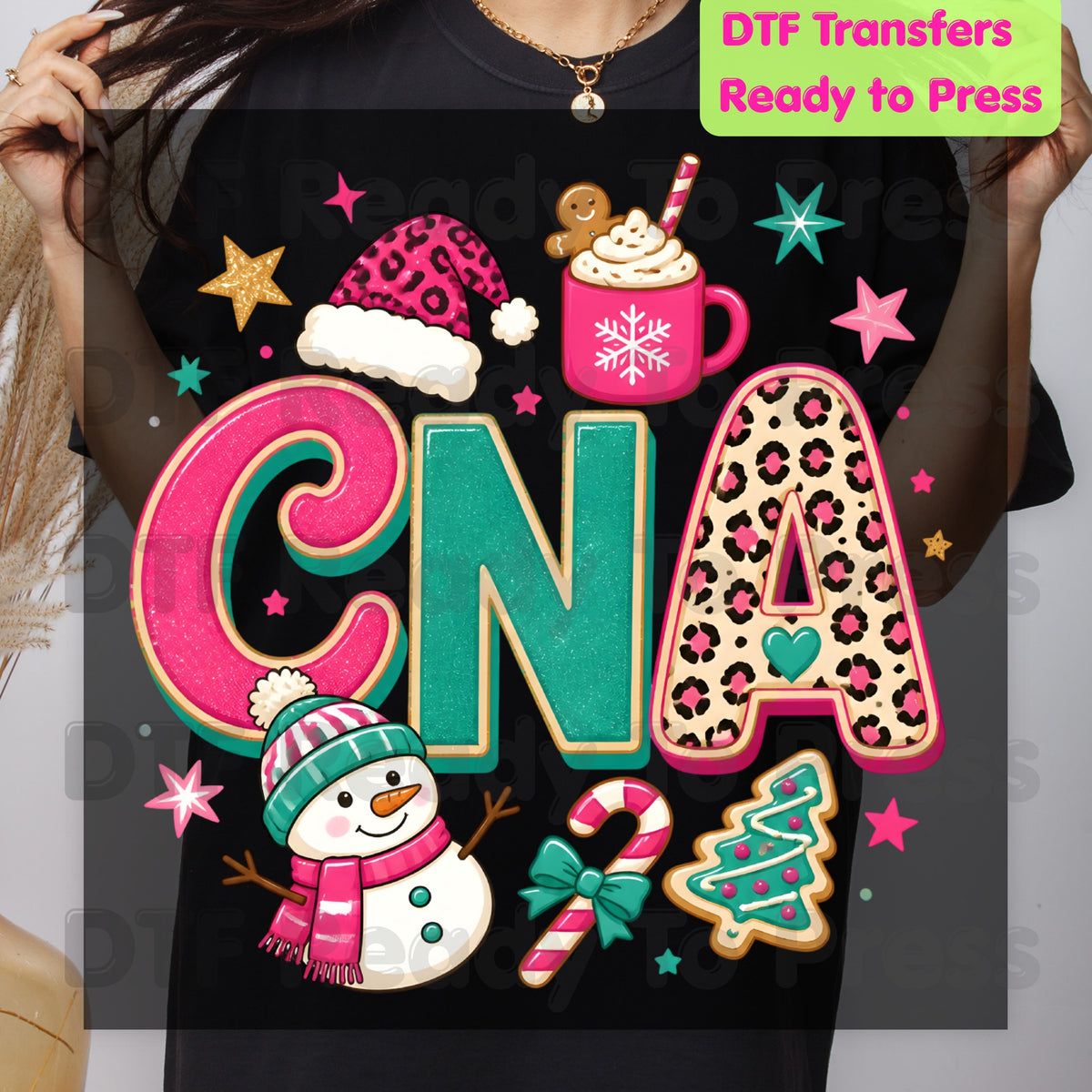 Pink Christmas CNA DTF Transfers, Medical Nurse Snowman Leopard Holiday Ready to Press