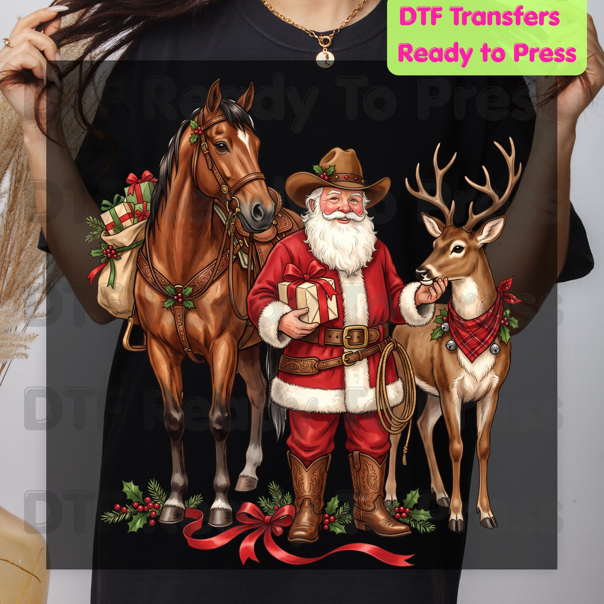 Christmas DTF Transfer, Cowboy Santa with Horse and Reindeer, Western Holiday Graphic