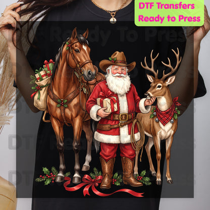 Christmas DTF Transfer, Cowboy Santa with Horse and Reindeer, Western Holiday Graphic