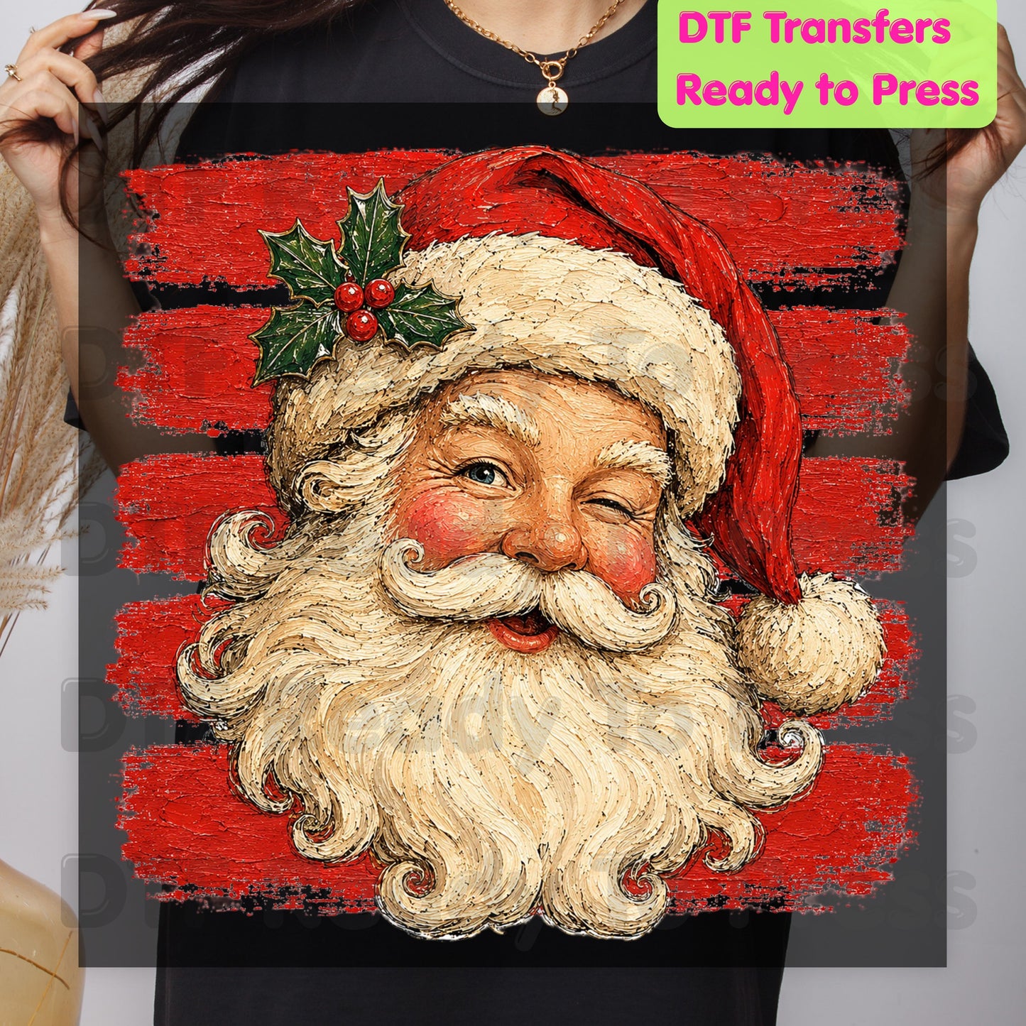 Vintage Winking Santa DTF Transfers, Retro Christmas Red Stripes Nostalgic Holiday Ready to Press