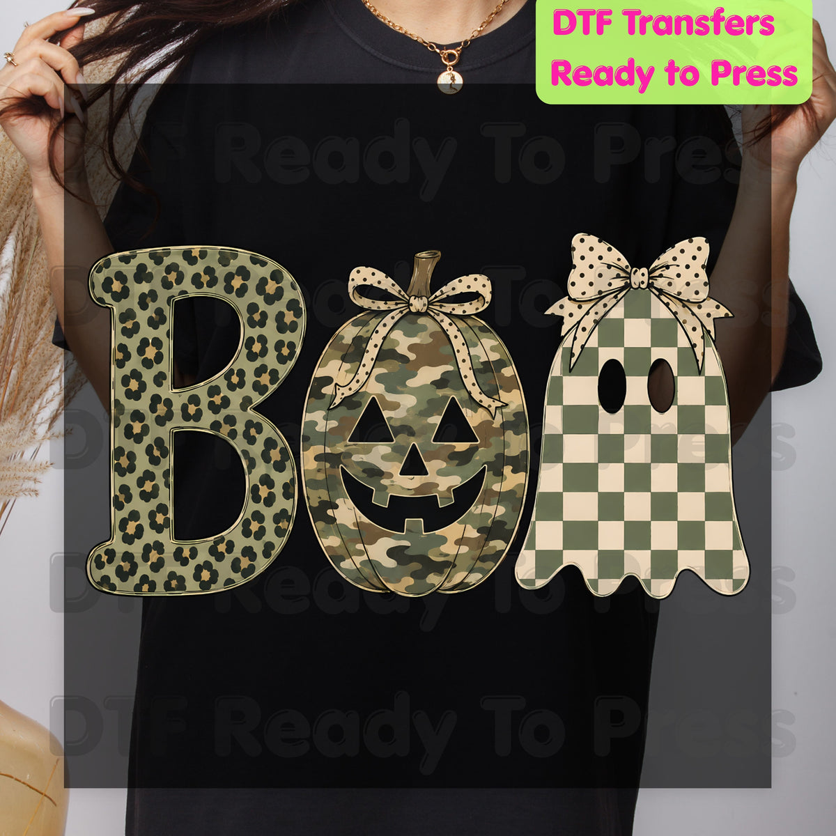 Halloween Camo Pumpkin DTF Transfers, Boo Ghost Leopard Checkered Coquette Bow Spooky Ready to Press