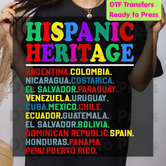 Hispanic Heritage DTF Transfers, Country List Colorful Latino Pride Typography Ready to Press