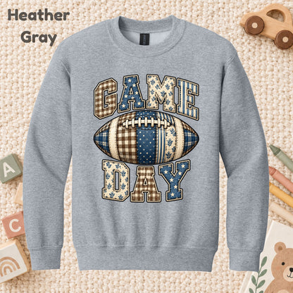 Game Day Football T-Shirt, Blue Plaid Patchwork Tee for Toddler and Kids