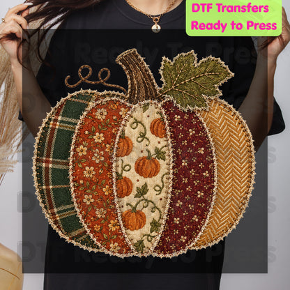 Fall Pumpkin DTF Transfer Ready to Press Patchwork Patch Plaid Floral Pumpkin Heat Transfer Shirts Vintage Autumn Vibe Graphic Tees