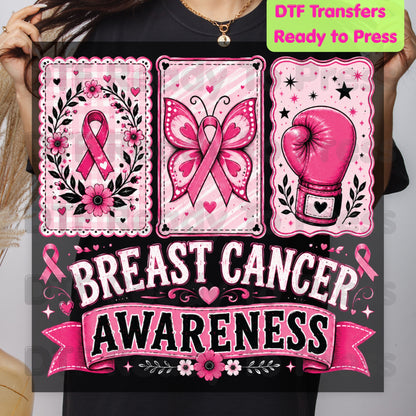 Breast Cancer DTF Transfer Ready to Press Pink Cards Ribbon Butterfly Boxing Glove Heat Transfer Tee Print Direct to Film
