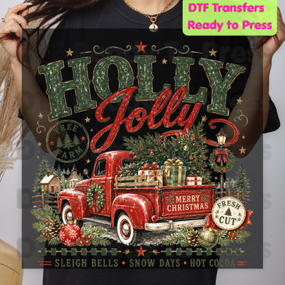 Holly Jolly Christmas DTF Transfers, Red Truck Tree Farm Vintage Holiday Ready to Press