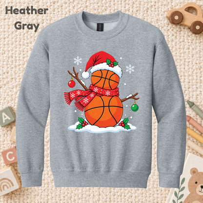 Christmas Basketball Snowman T-Shirt, Santa Hat and Scarf Holiday Sports Graphic Tee